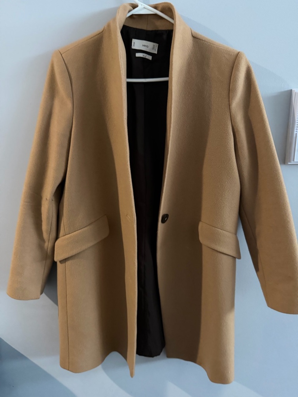 Mango Camel Single-Button Collarless Wool-Blend Coat